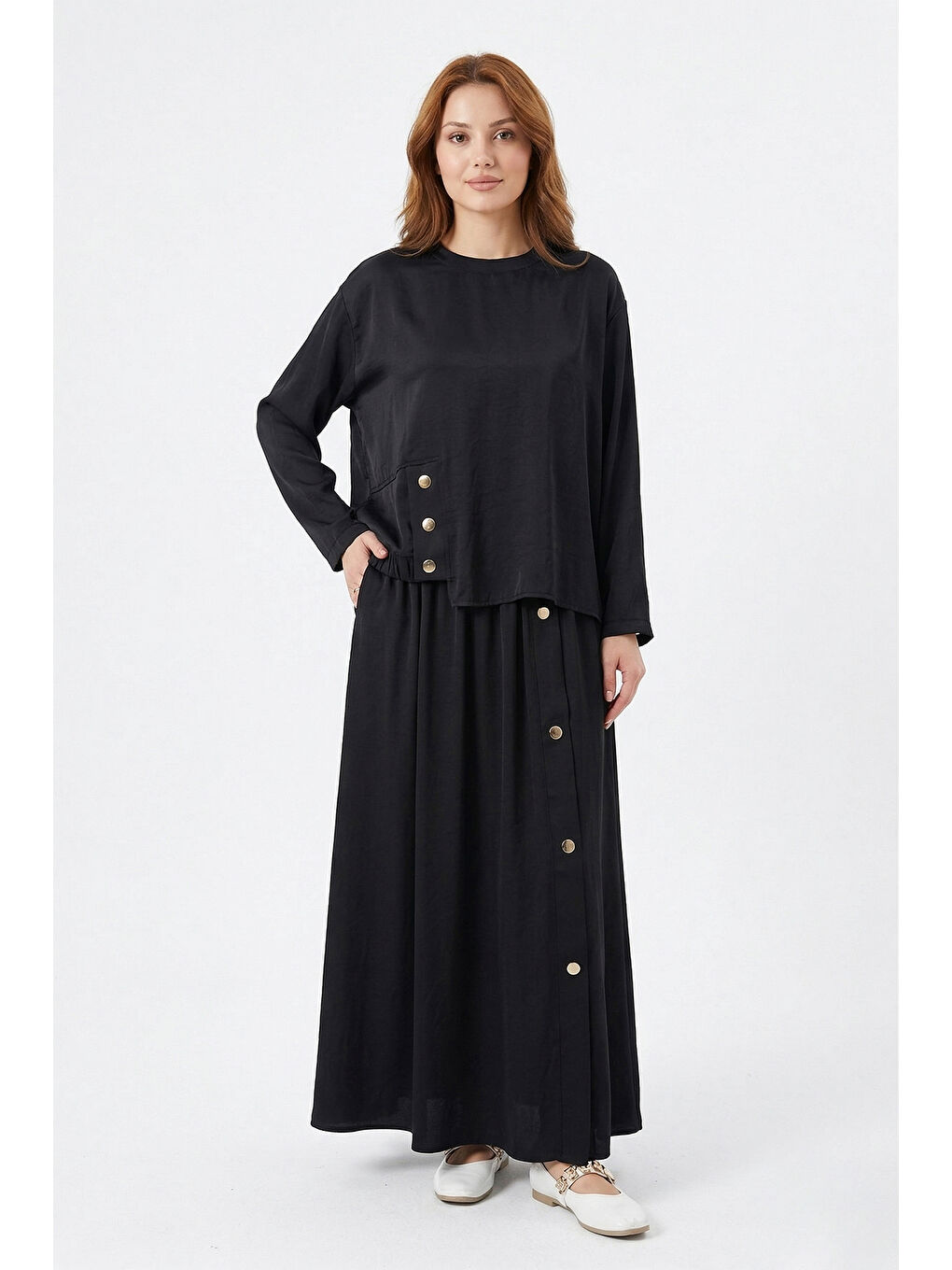 Bluz ve Eteği Çıtçıt Detay Aksesuarlı Saphire Takım 956 Siyah