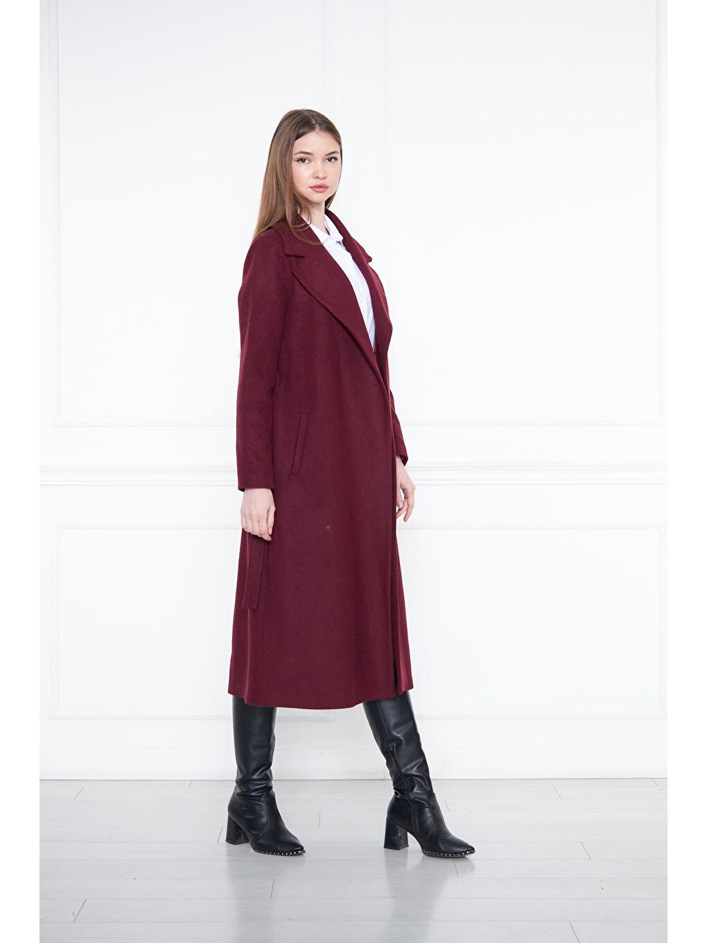 Kahverengi Kadın Kaşe Kaban Astarlı Kuşaklı-4