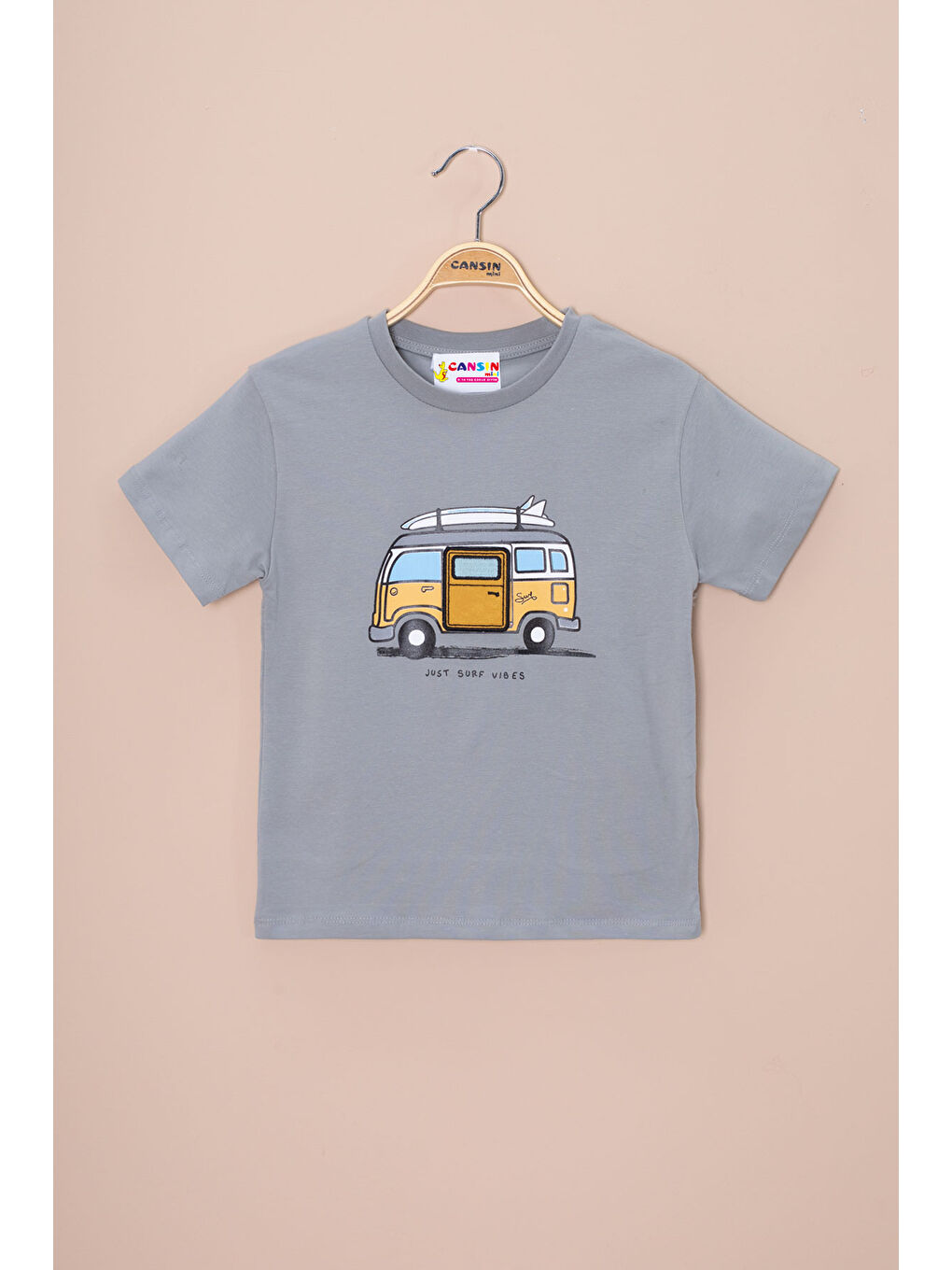 Gri Füme Araba Baskılı Nakış Detaylı Erkek Çocuk Bisiklet Yaka Tişört 20955