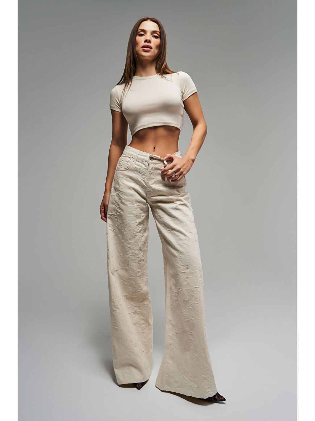 Bej Kadın Raw Renk 75S-69 Jakarlı Kumaş Palazzo Fit %100 Pamuk İç Boy 83cm Tasarım Denim Jean-1