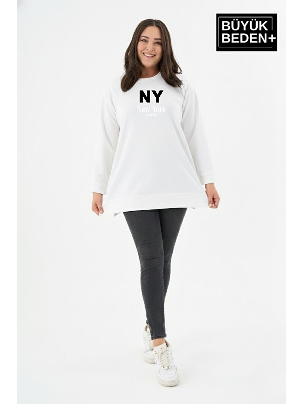 Ekru Kadın Tunik Büyük Beden NY NEWYORK Baskılı ince Sweatshırt SPR26BTK990-1-1