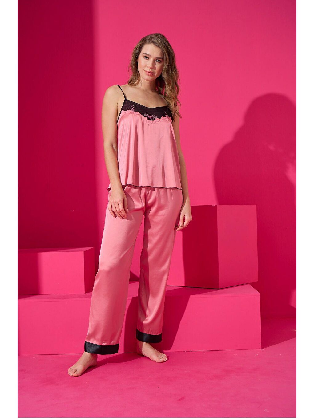 ELİTOL Siyah-Pembe Saten Pijama Takim 9503-5 - 1