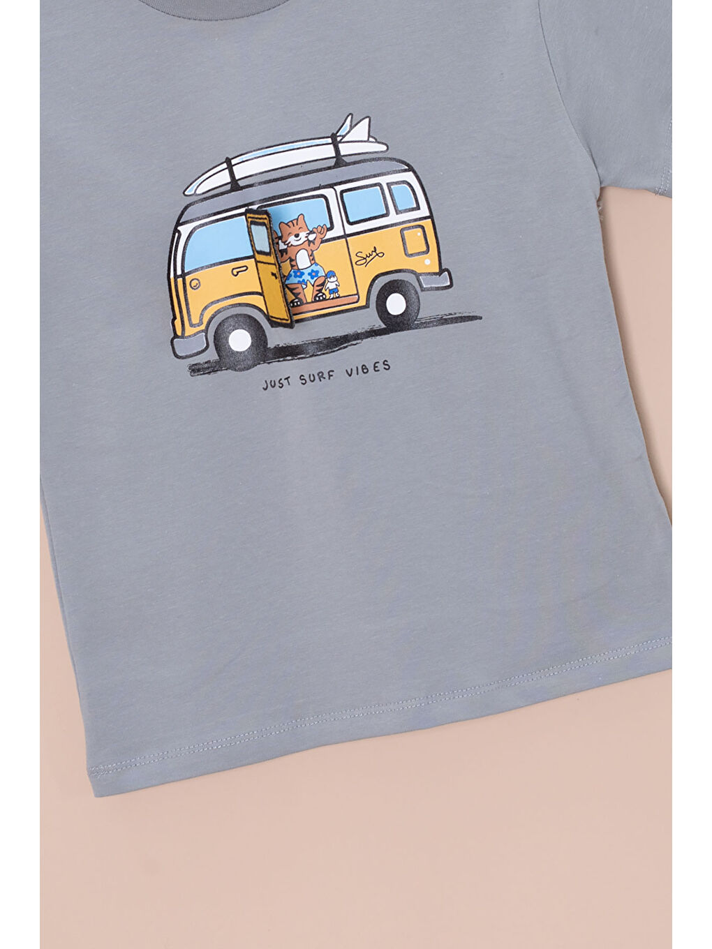 Gri Füme Araba Baskılı Nakış Detaylı Erkek Çocuk Bisiklet Yaka Tişört 20955-1