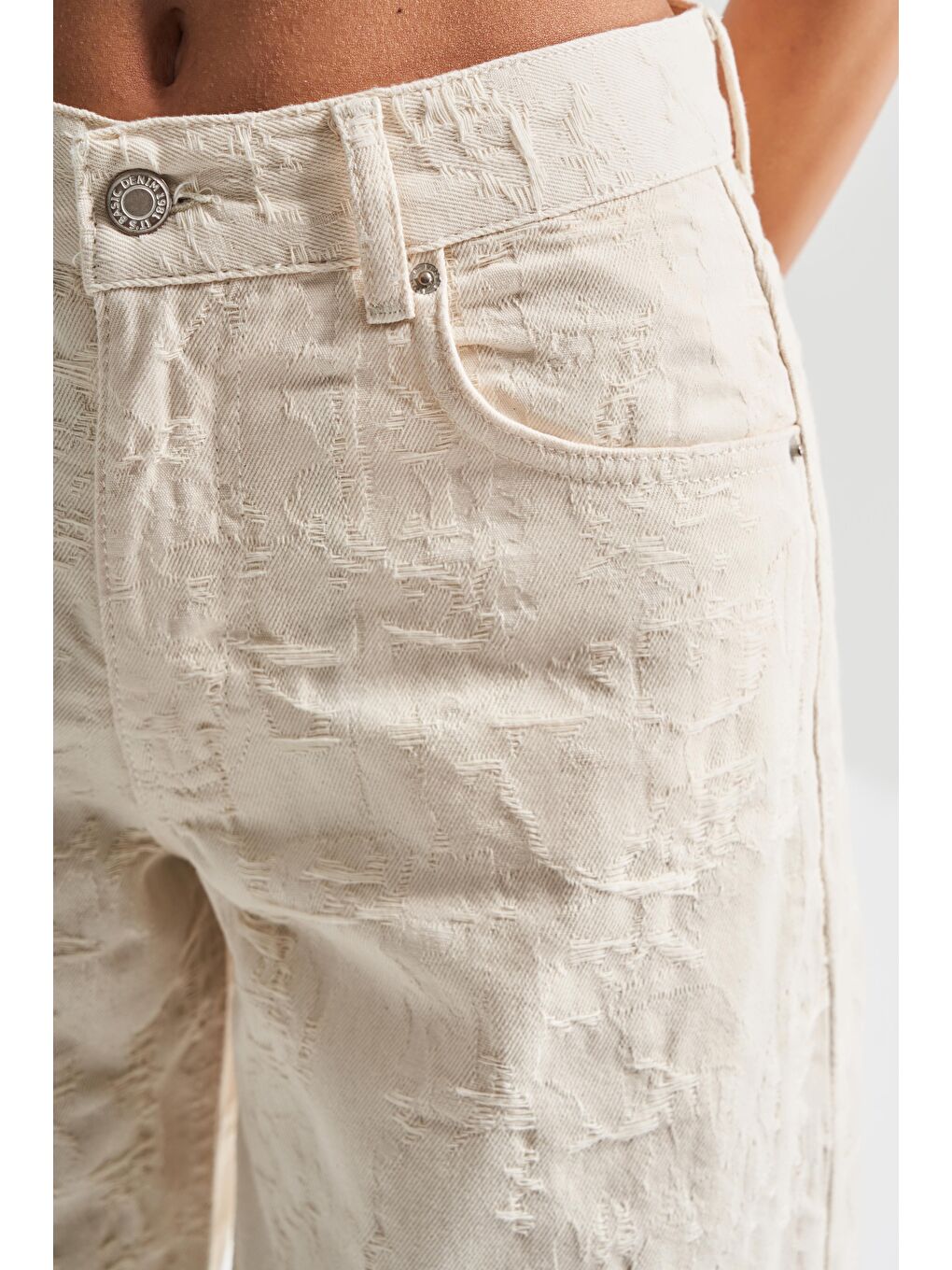 Bej Kadın Raw Renk 75S-69 Jakarlı Kumaş Palazzo Fit %100 Pamuk İç Boy 83cm Tasarım Denim Jean-3