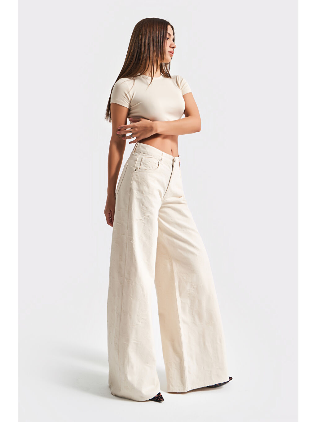 Bej Kadın Raw Renk 75S-69 Jakarlı Kumaş Palazzo Fit %100 Pamuk İç Boy 83cm Tasarım Denim Jean-5