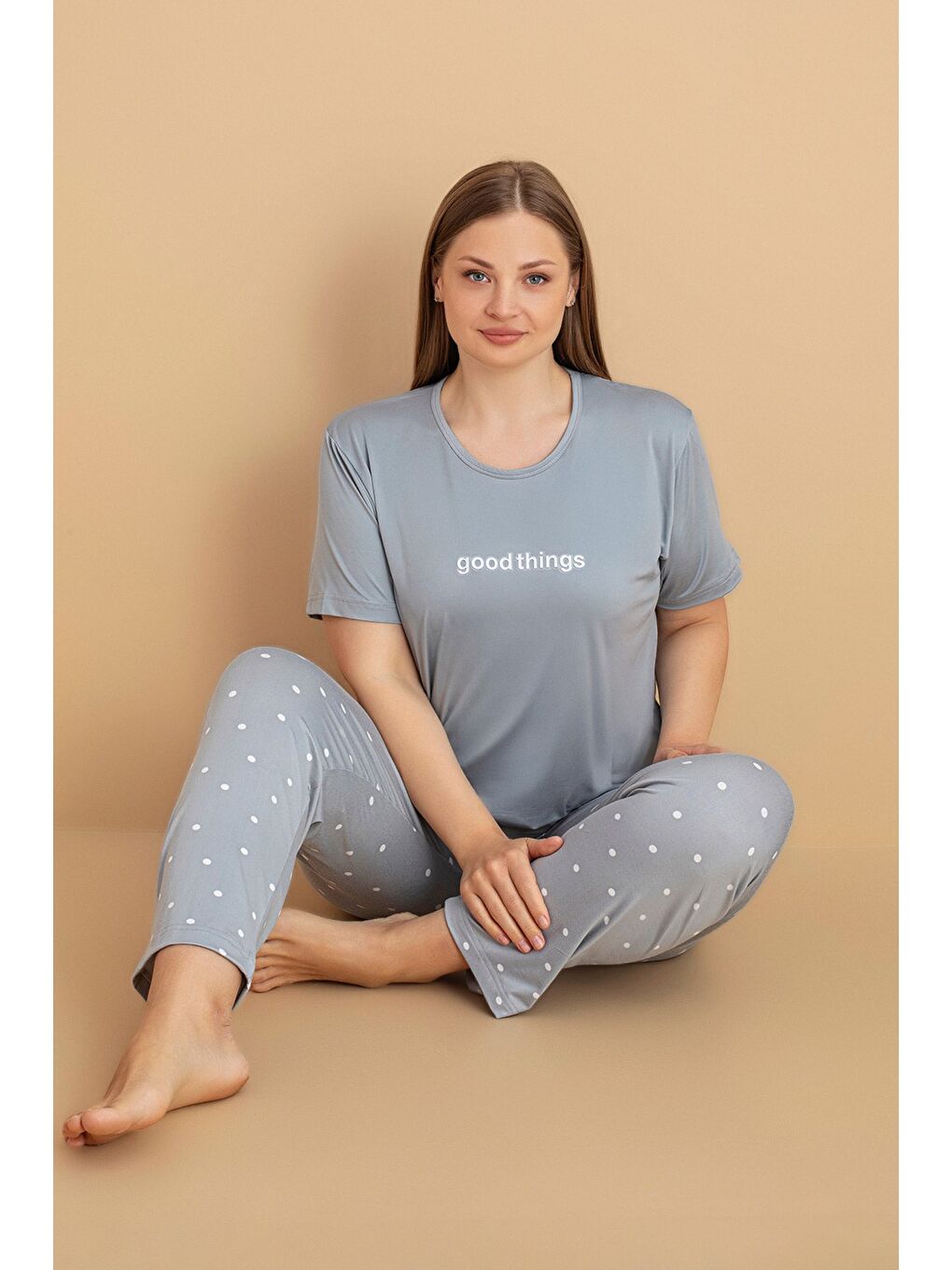 Gri Çizgili Büyük Beden Pijama Takımı