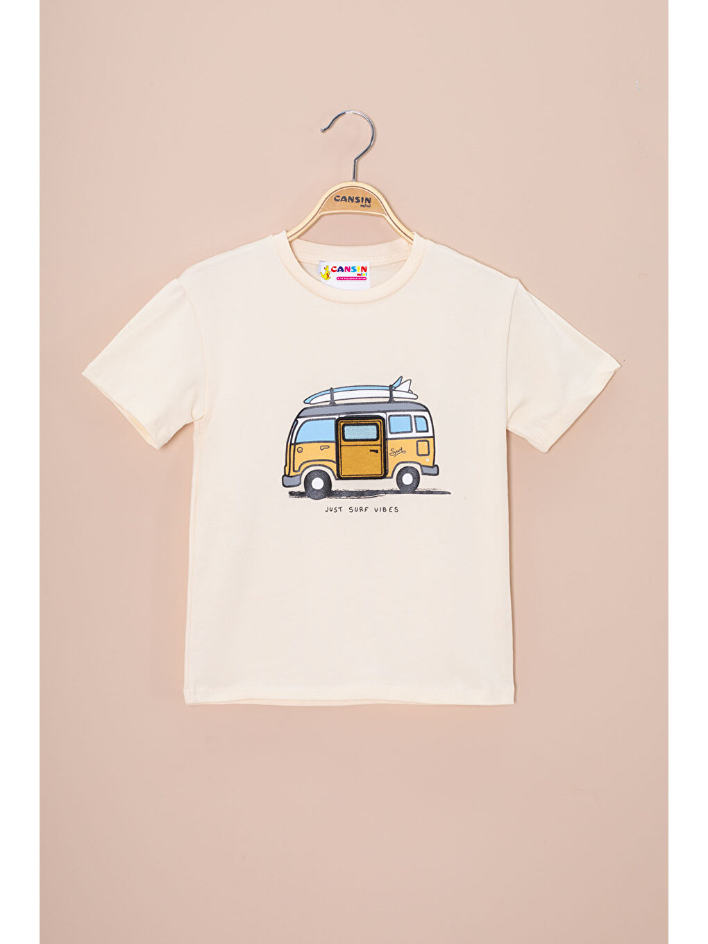 Ekru Krem Araba Baskılı Nakış Detaylı Erkek Çocuk Bisiklet Yaka Tişört 20957