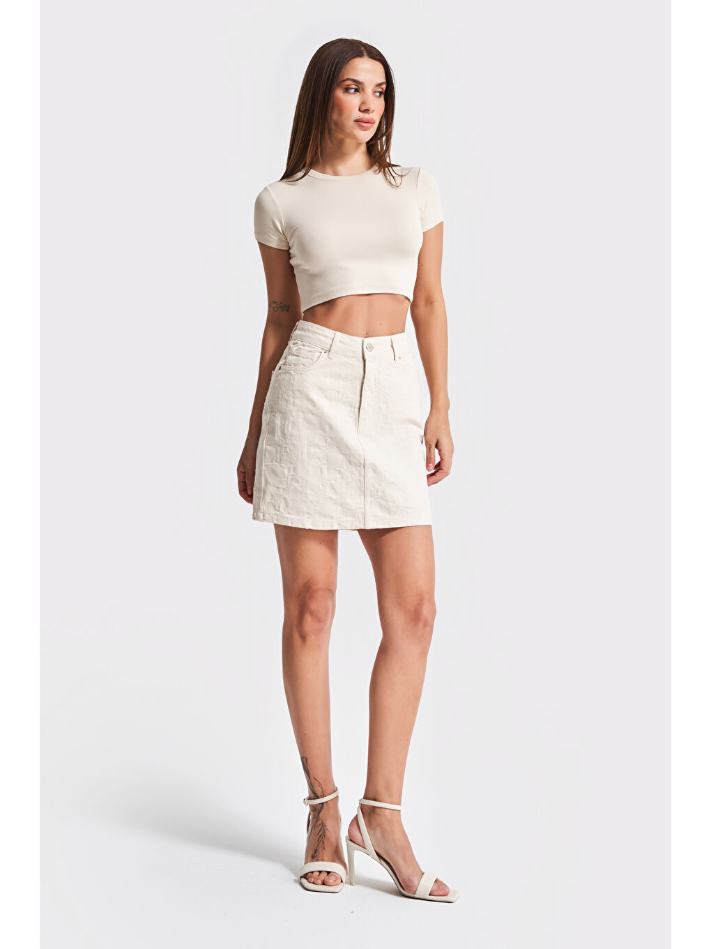 Bej Kadın Raw Renk 7S5-69 Jakarlı Kumaş 41cm Boy %100 Pamuk Tasarım Denim Etek-1