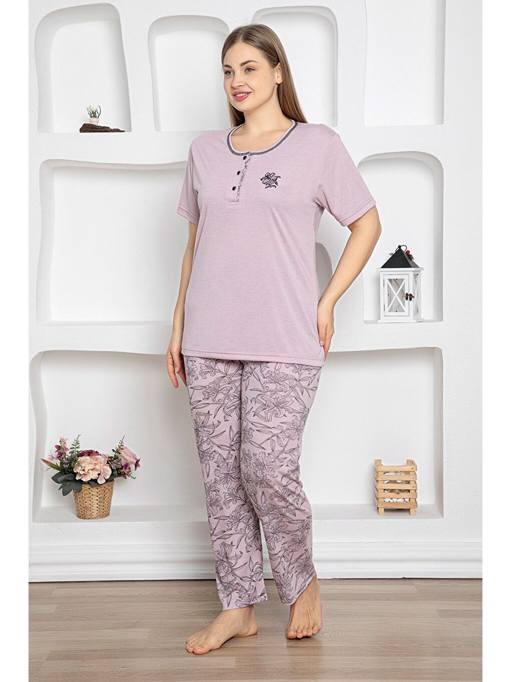 Lila Çizgili Büyük Beden Pijama Takımı