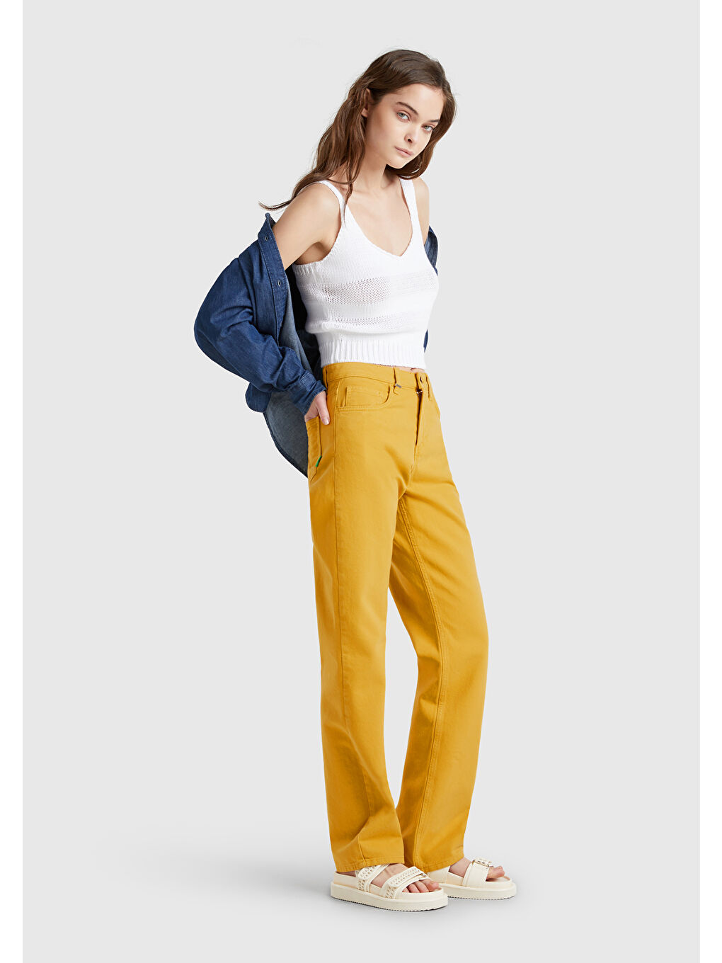 Kadın Sarı %100 Pamuk Normal Bel Regular Fit Denim Pantolon-4