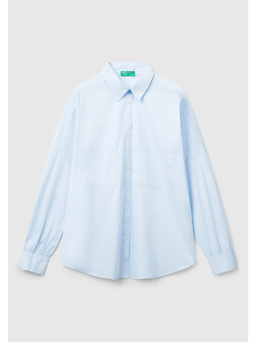 Kadın Açık Mavi Pamuk Karışımlı Kolu Büzgülü Düşük Omuzlu Oversize Gömlek-1