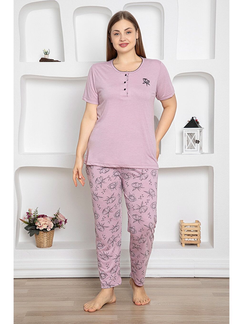 Pembe Çizgili Büyük Beden Pijama Takımı