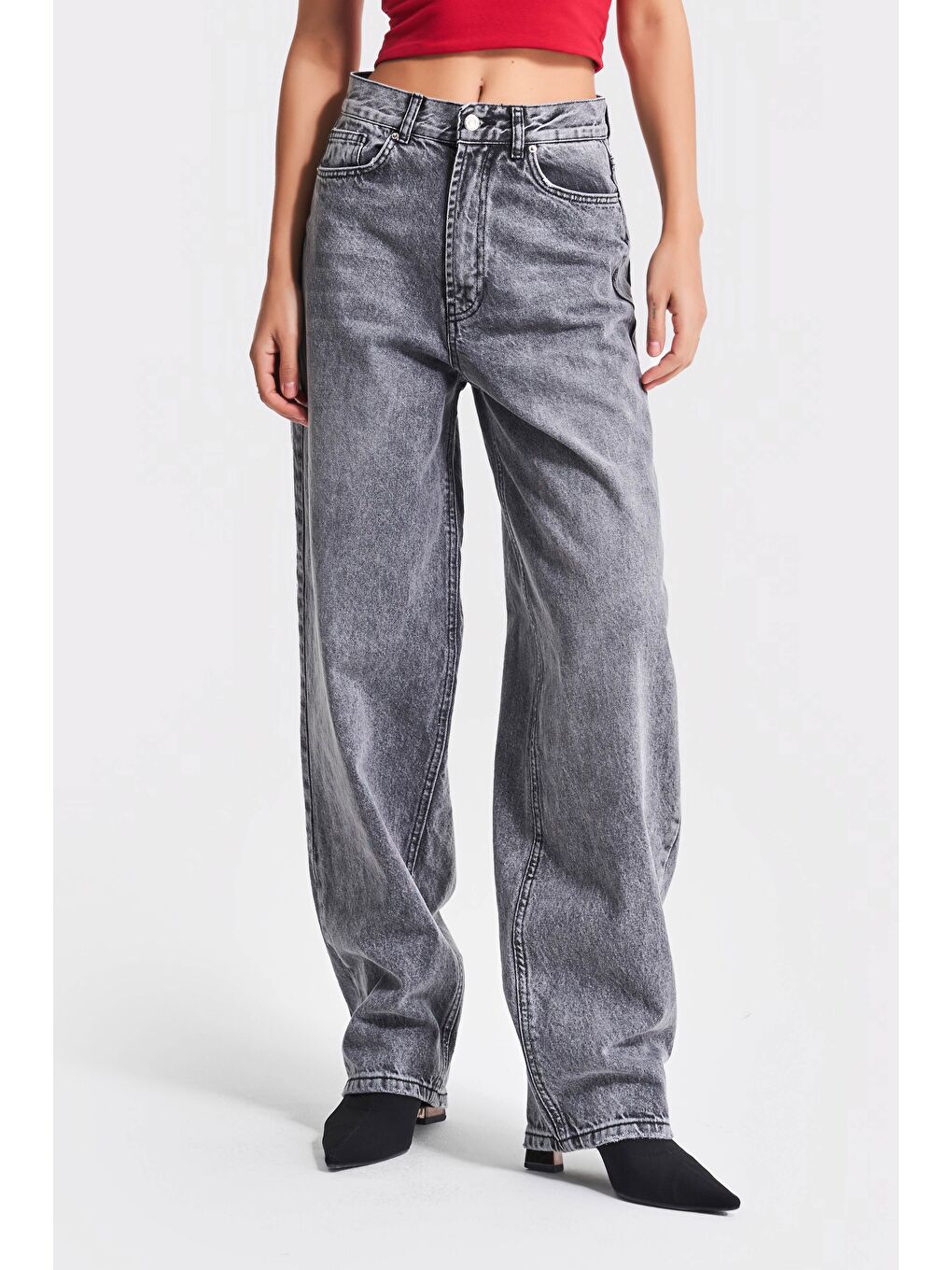 Kadın Gri Renk 4S5-13 Skater Fit Bol Kesim İç Boy 83cm %100 Pamuk Denim Jean