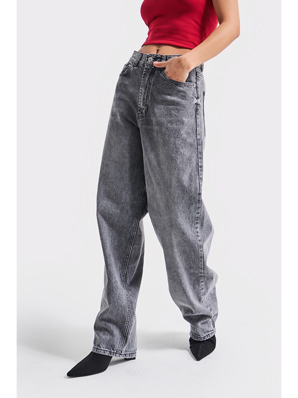 Kadın Gri Renk 4S5-13 Skater Fit Bol Kesim İç Boy 83cm %100 Pamuk Denim Jean-1