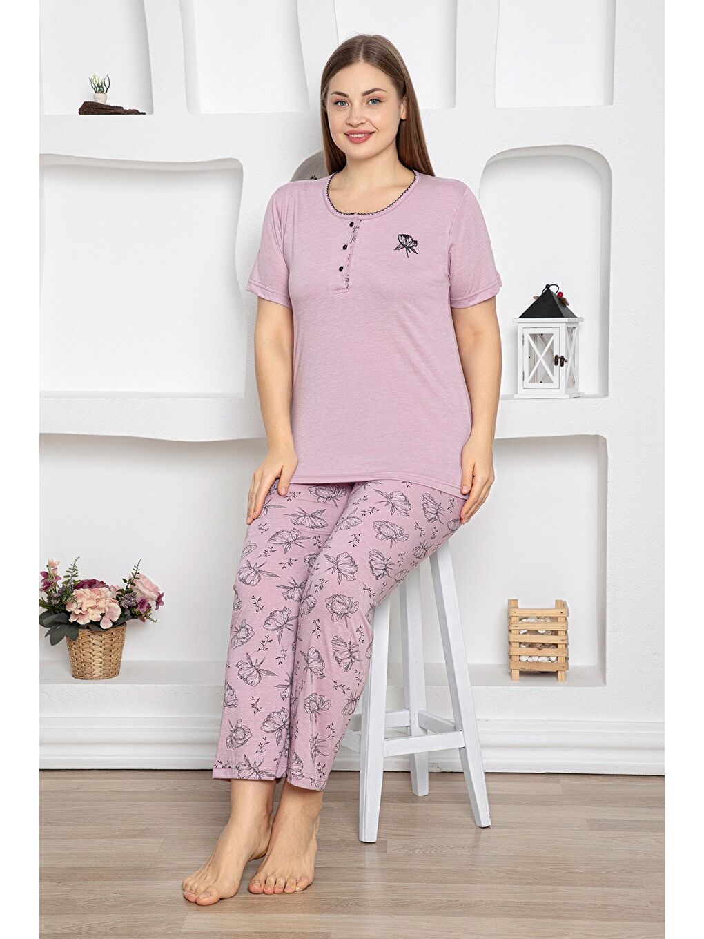 Pembe Çizgili Büyük Beden Pijama Takımı-1