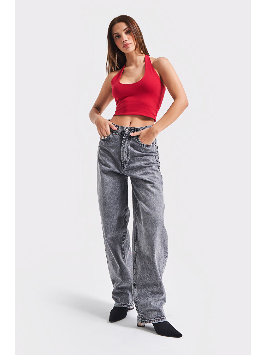 Kadın Gri Renk 4S5-13 Skater Fit Bol Kesim İç Boy 83cm %100 Pamuk Denim Jean-4