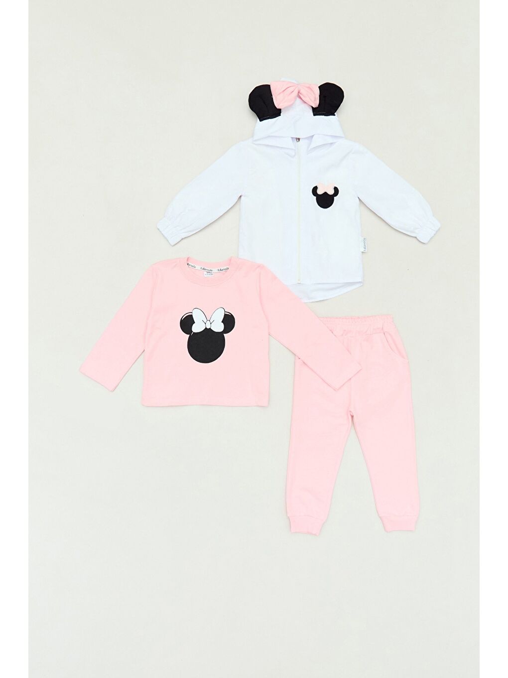 Pembe %100 Pamuk Fiyonk Detaylı Baskılı Jogger 3 Lü Kız Çocuk Takım
