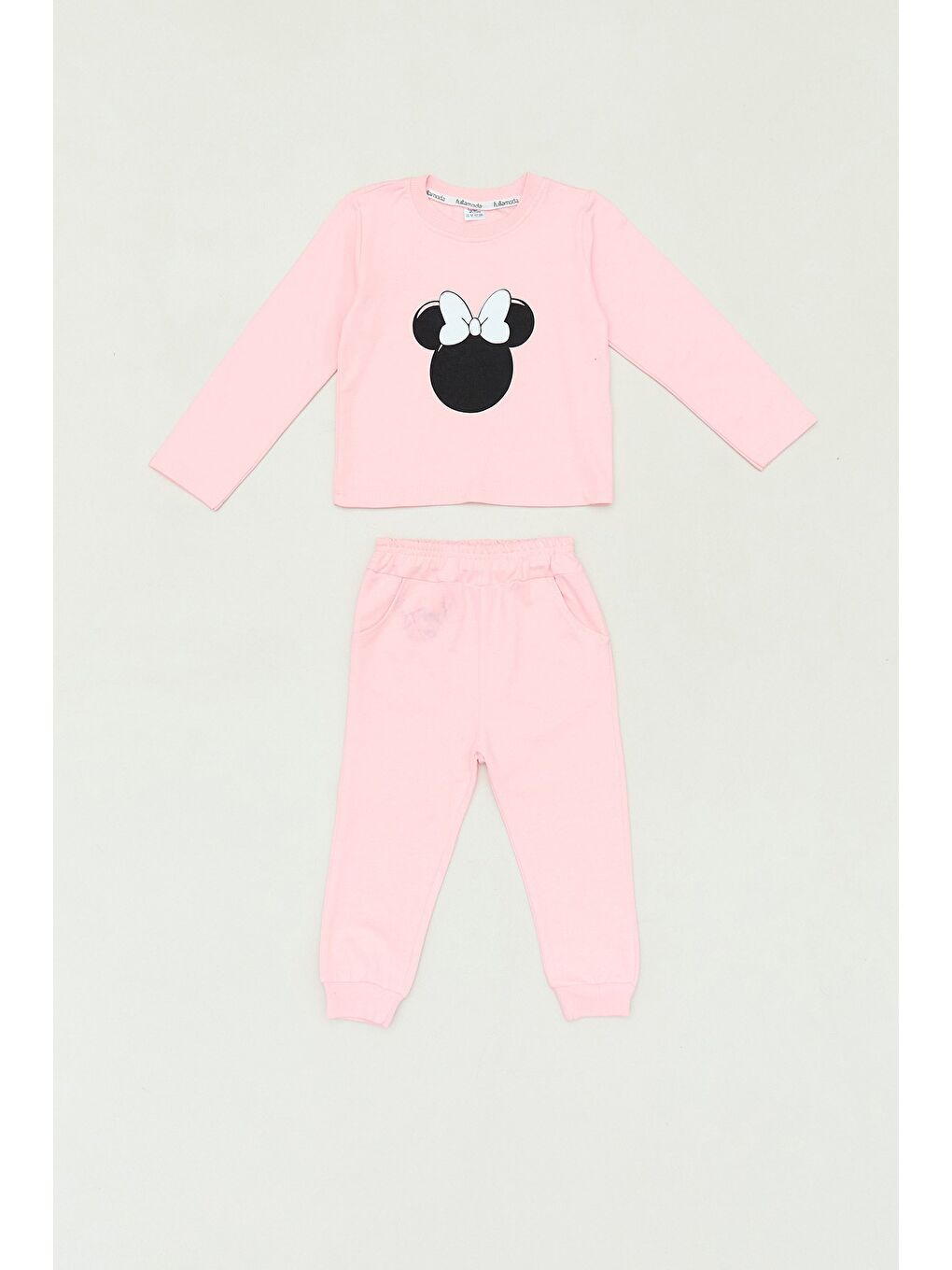 Pembe %100 Pamuk Fiyonk Detaylı Baskılı Jogger 3 Lü Kız Çocuk Takım-1