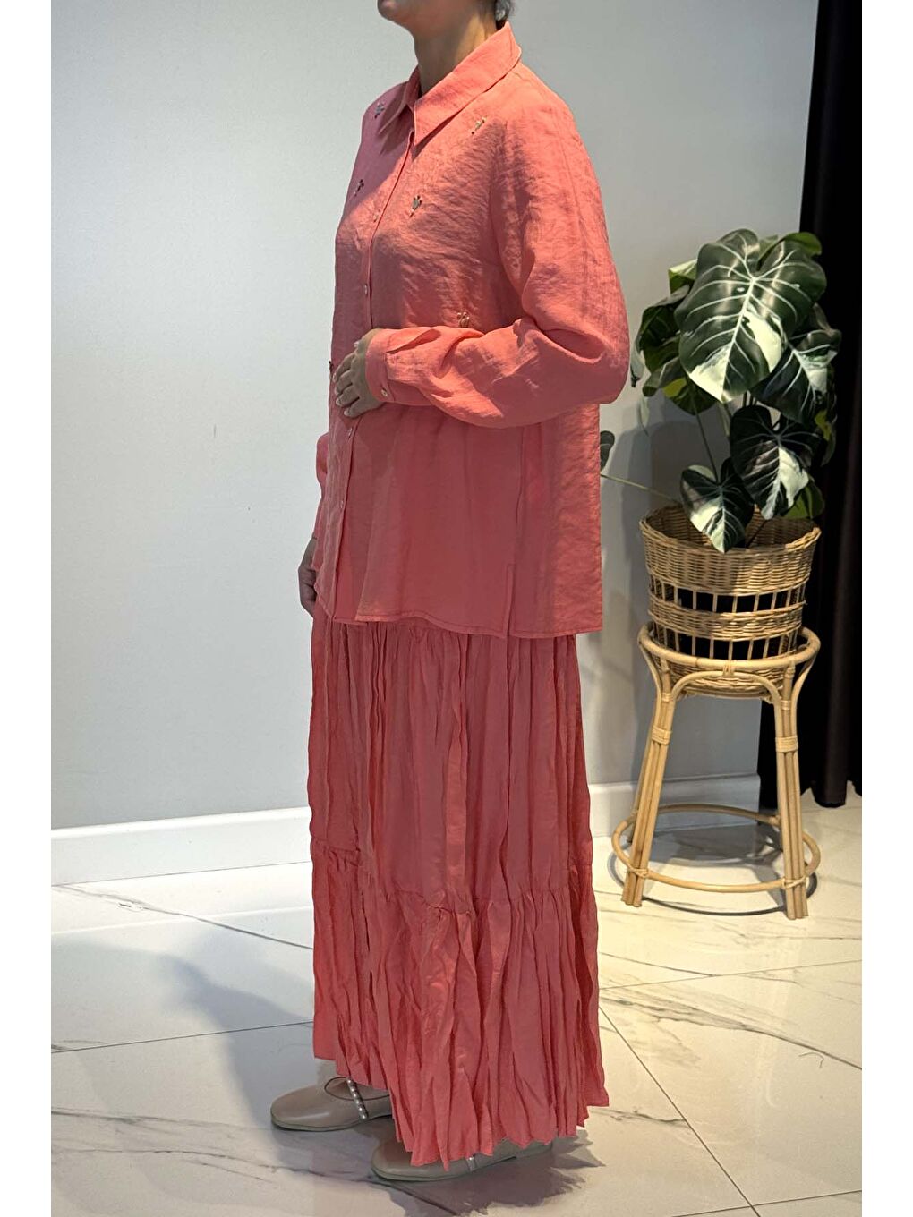 Sedef Düğme İşlemeli Kraş Etekli Cupra Takım 59141 Mercan-2