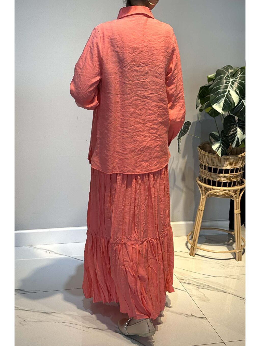 Sedef Düğme İşlemeli Kraş Etekli Cupra Takım 59141 Mercan-3