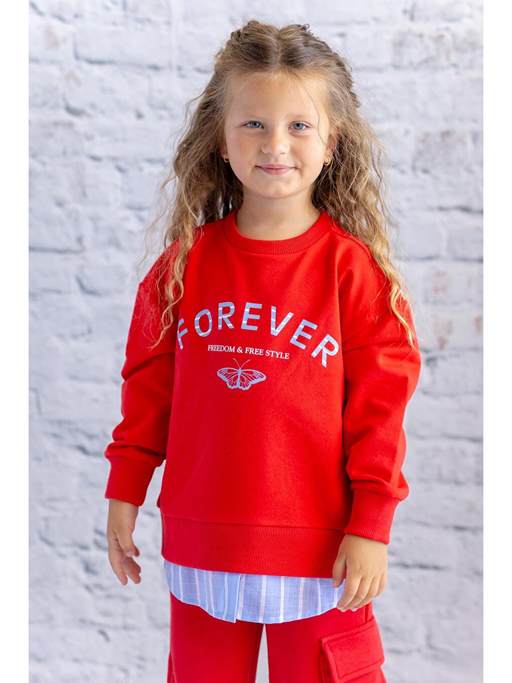 Kız Çocuk Gömlek Detaylı Baskılı Sweatshirt - Kırmızı