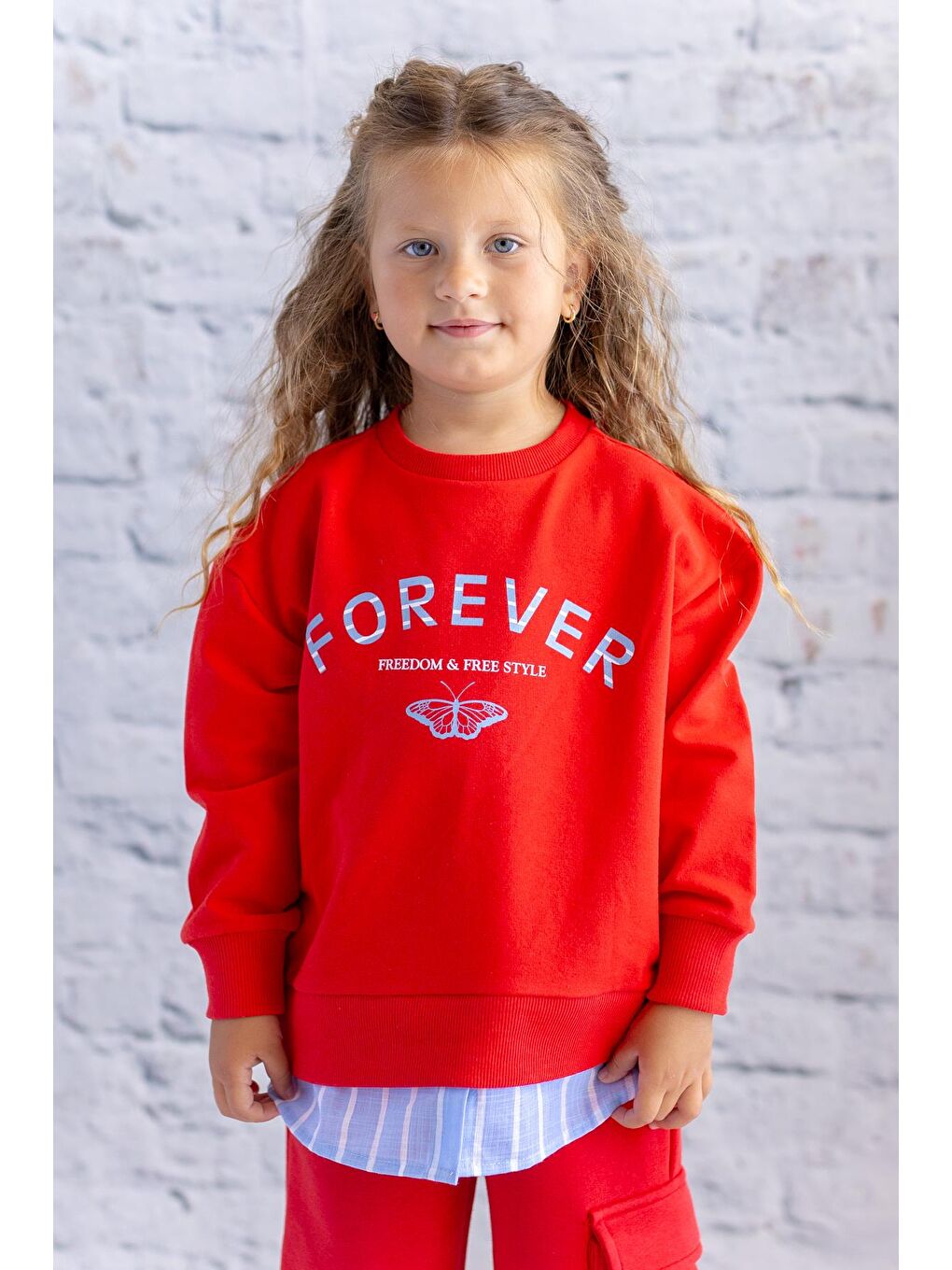 Kız Çocuk Gömlek Detaylı Baskılı Sweatshirt - Kırmızı-1