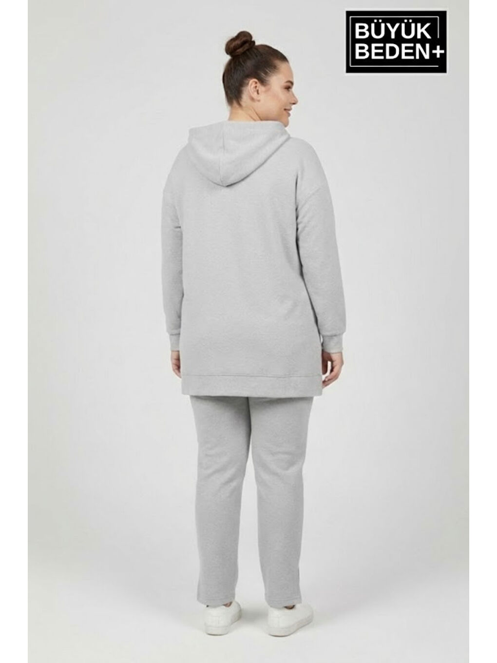 Gri Büyük Beden Kapüşonlu M Baskılı Tunik ince Sweatshırt SPR26BTK991-4-1