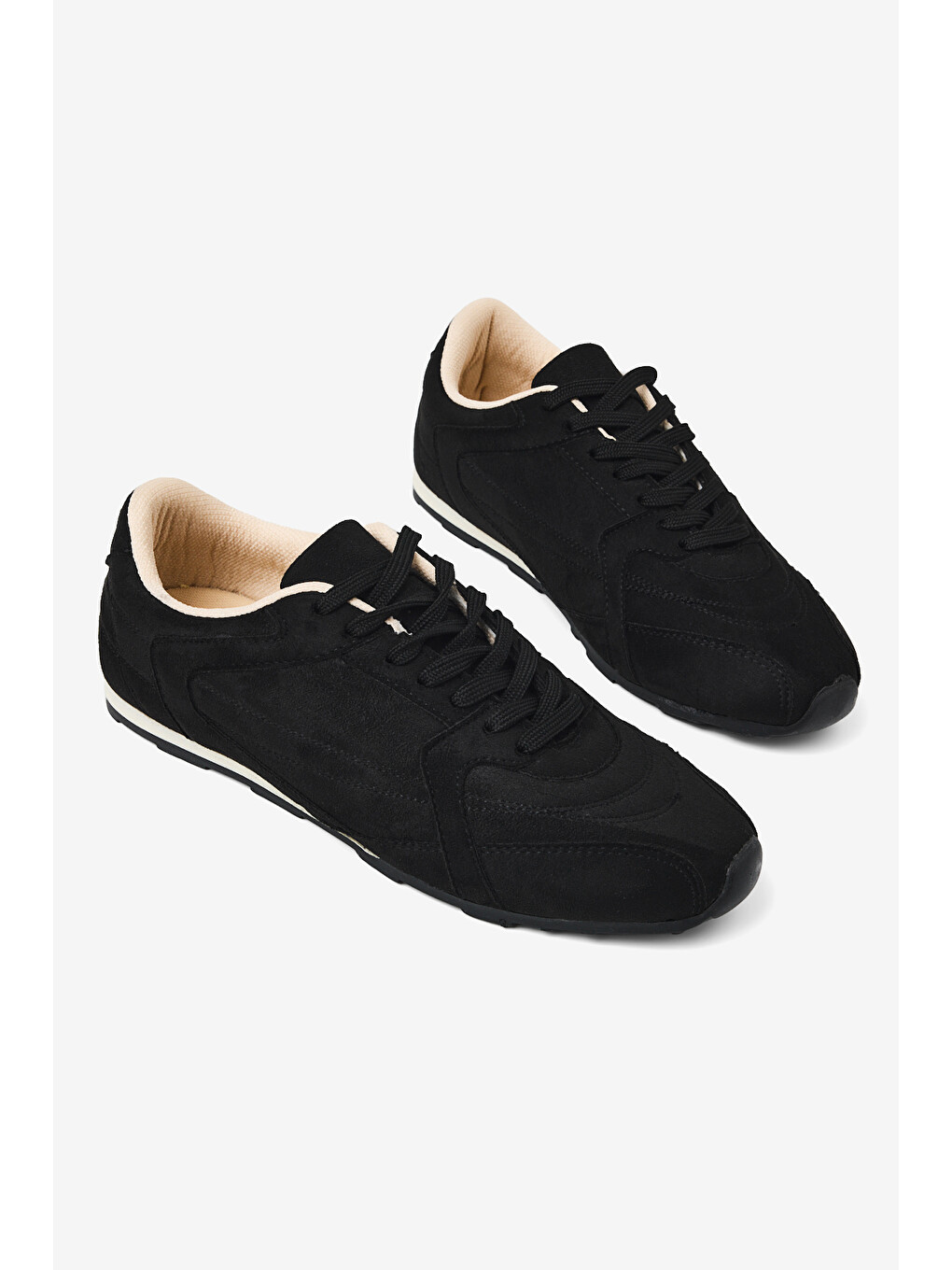 Kadın Siyah Süet Kauçuk Taban Nefes Alabilen Bağcıklı Sneaker-3