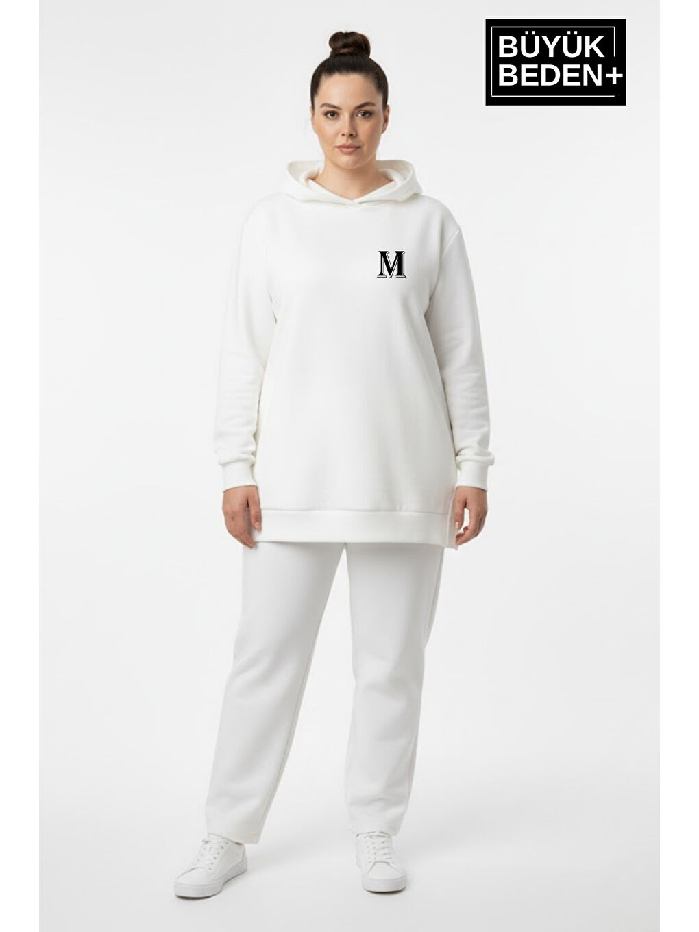 Ekru Büyük Beden Kapüşonlu M Baskılı Tunik ince Sweatshırt SPR26BTK991-4