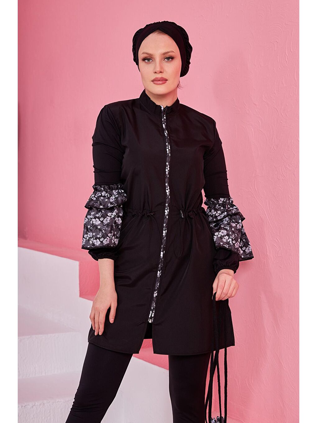 Tam Kapalı Tesettür Mayo Büşra Siyah Beyaz 2230Y