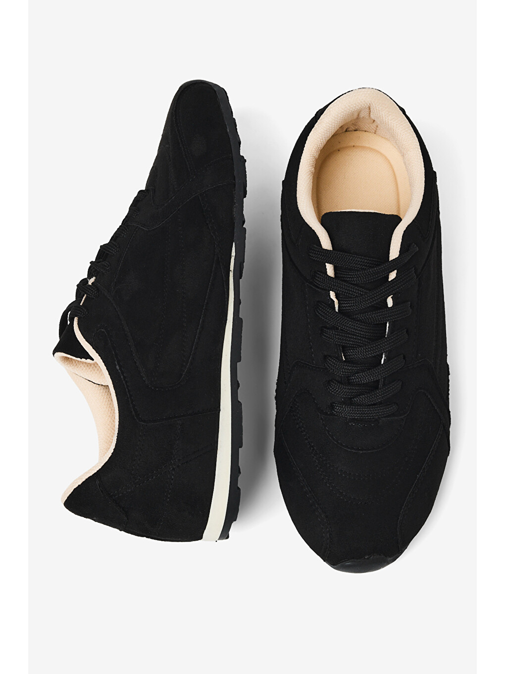 Kadın Siyah Süet Kauçuk Taban Nefes Alabilen Bağcıklı Sneaker-4