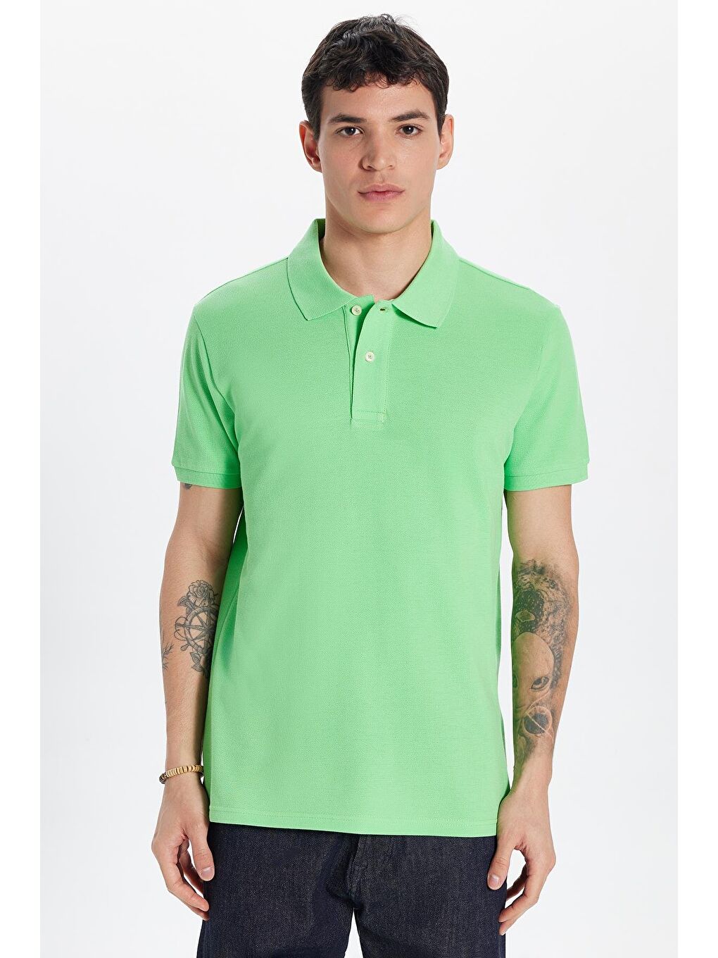 Erkek Slim Fit Dar Kesim %100 Pamuk Yeşil Polo Yaka Tişört