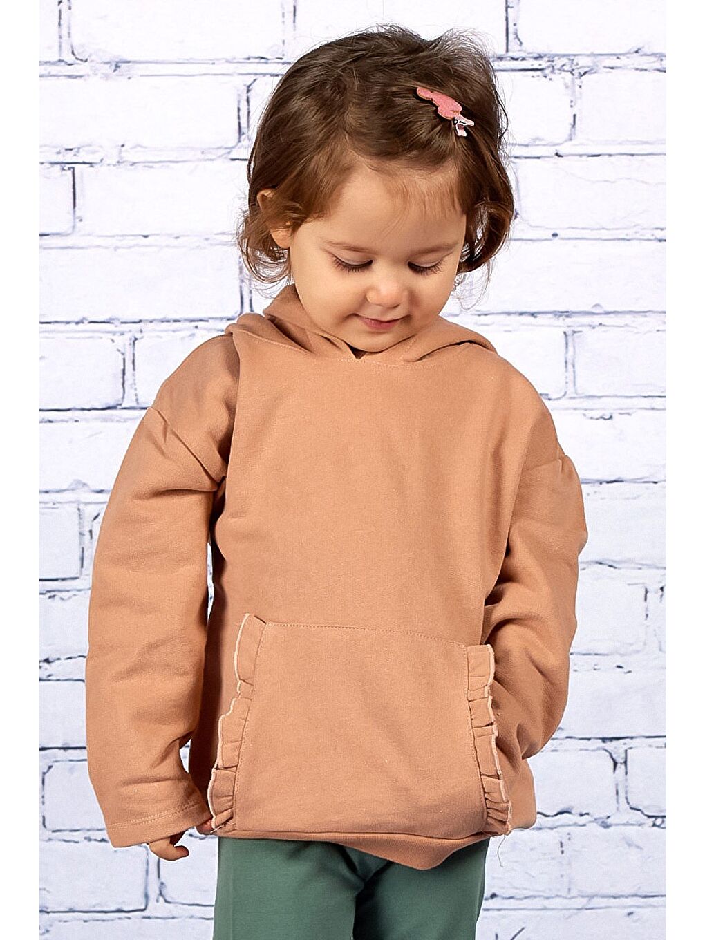 Pembe Kız Çocuk Kapüşonlu Cepleri Fırfır Detaylı Sweatshirt (2-7Yaş)-1
