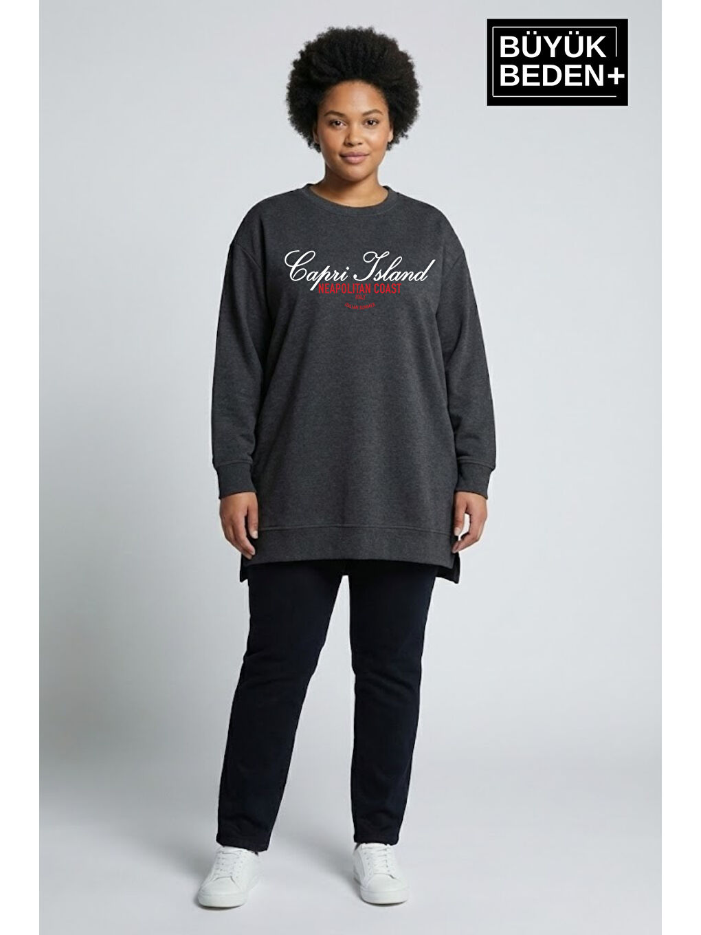 Antrasit Kadın Tunik Büyük Beden Capri Island Baskılı ince Sweatshırt SPR26BTK990-1