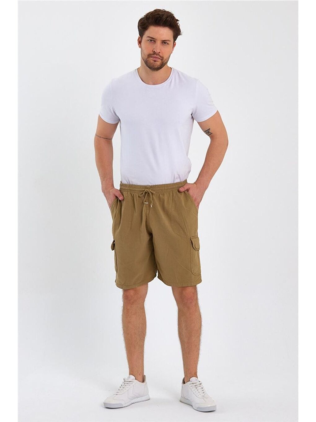 Erkek Kahverengi Kargo Cepli Regular Bağcıklı Keten Şort crepesrt01r01s-3