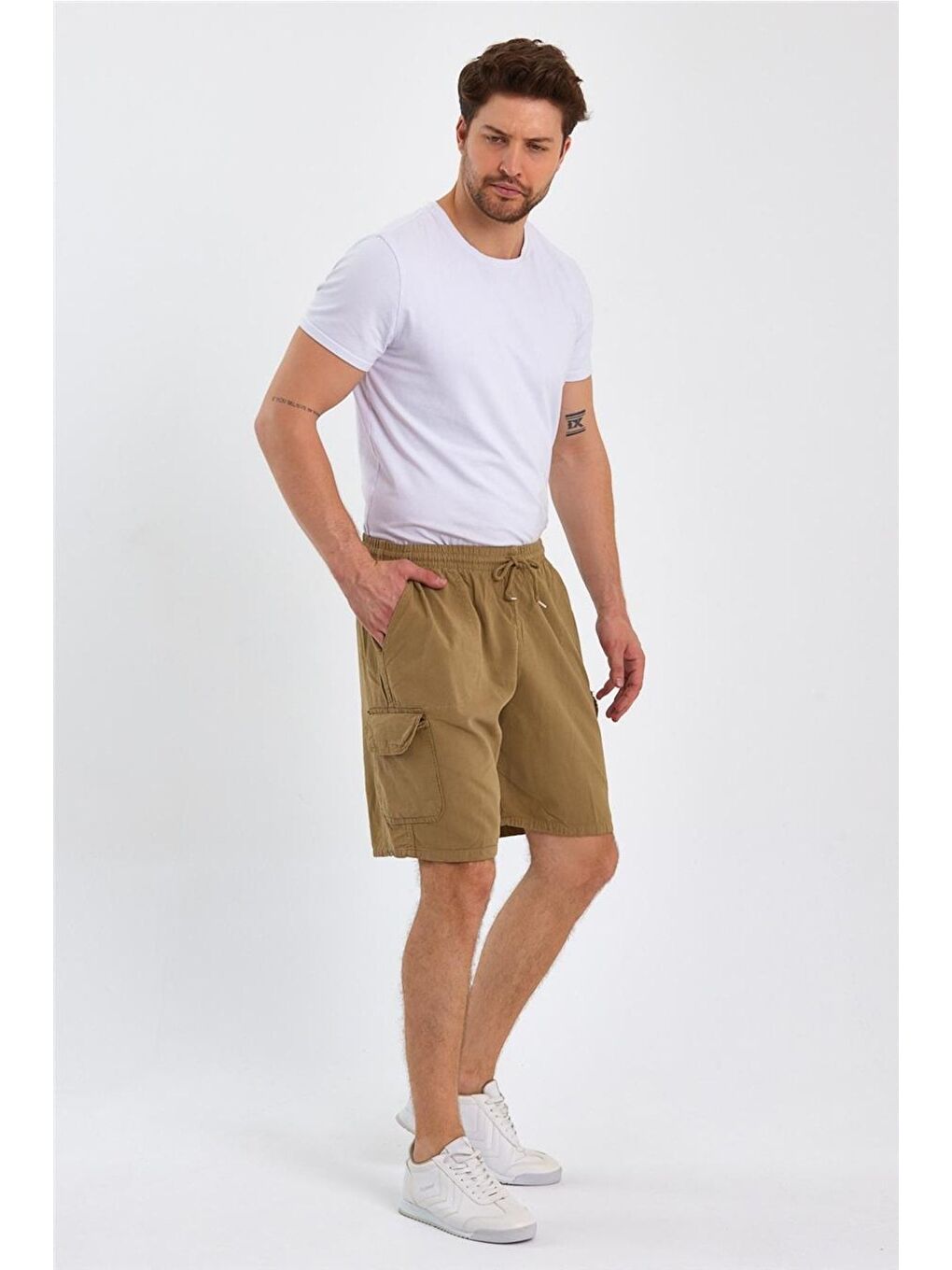 Erkek Kahverengi Kargo Cepli Regular Bağcıklı Keten Şort crepesrt01r01s-4