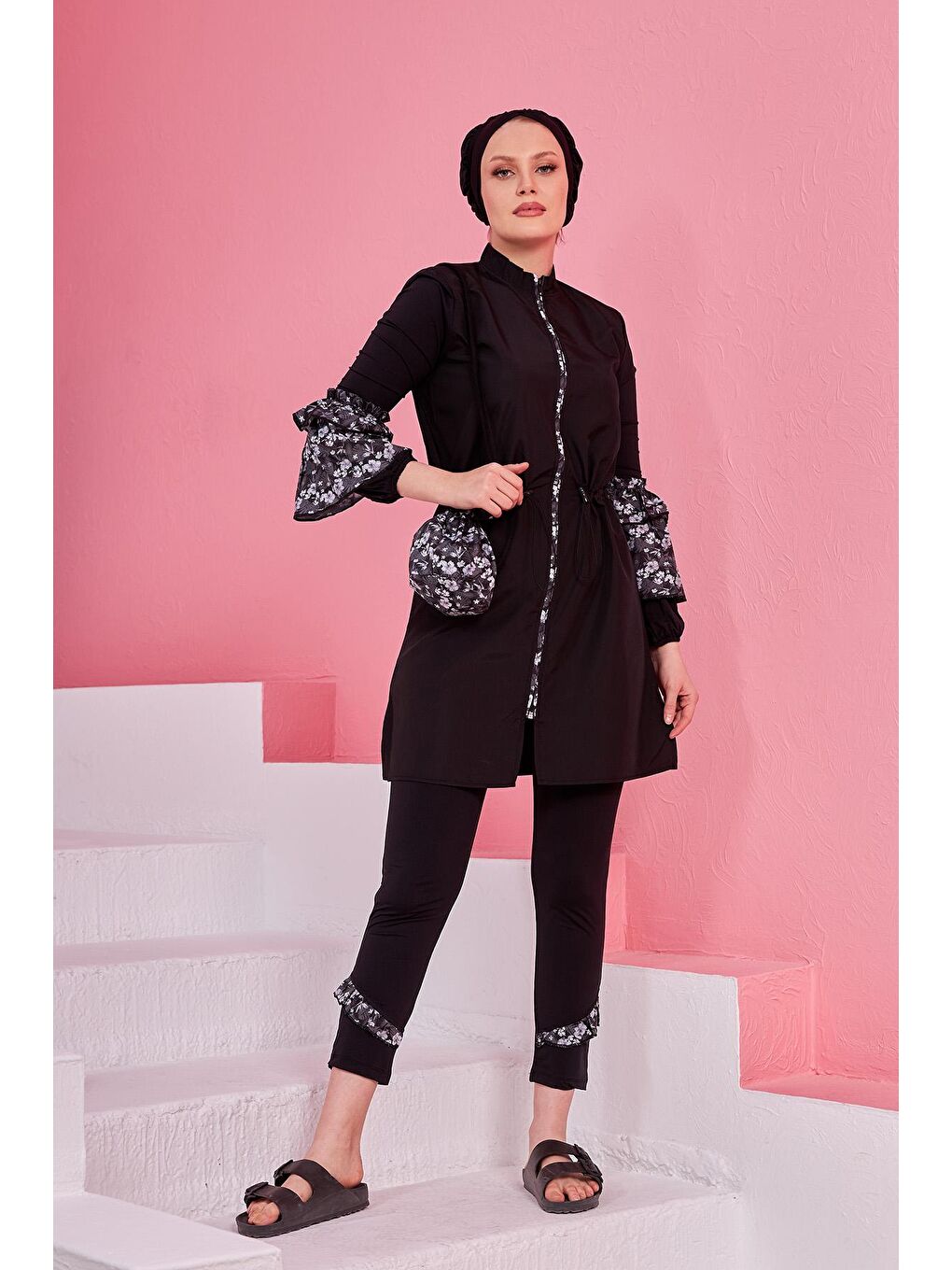 Tam Kapalı Tesettür Mayo Büşra Siyah Beyaz 2230Y-2