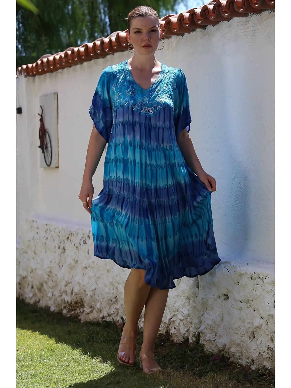 Lacivert-Mavi Havuz Yaka Kısa Kol Batik Nakışlı Casual Dokuma Elbise 105 70-2