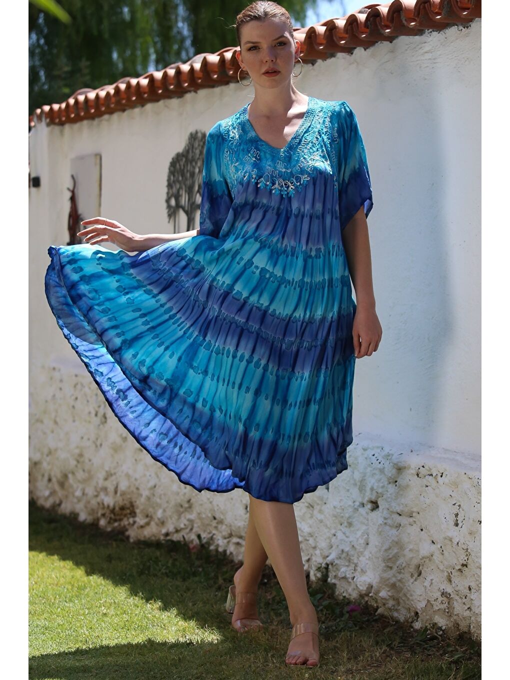 Lacivert-Mavi Havuz Yaka Kısa Kol Batik Nakışlı Casual Dokuma Elbise 105 70-3