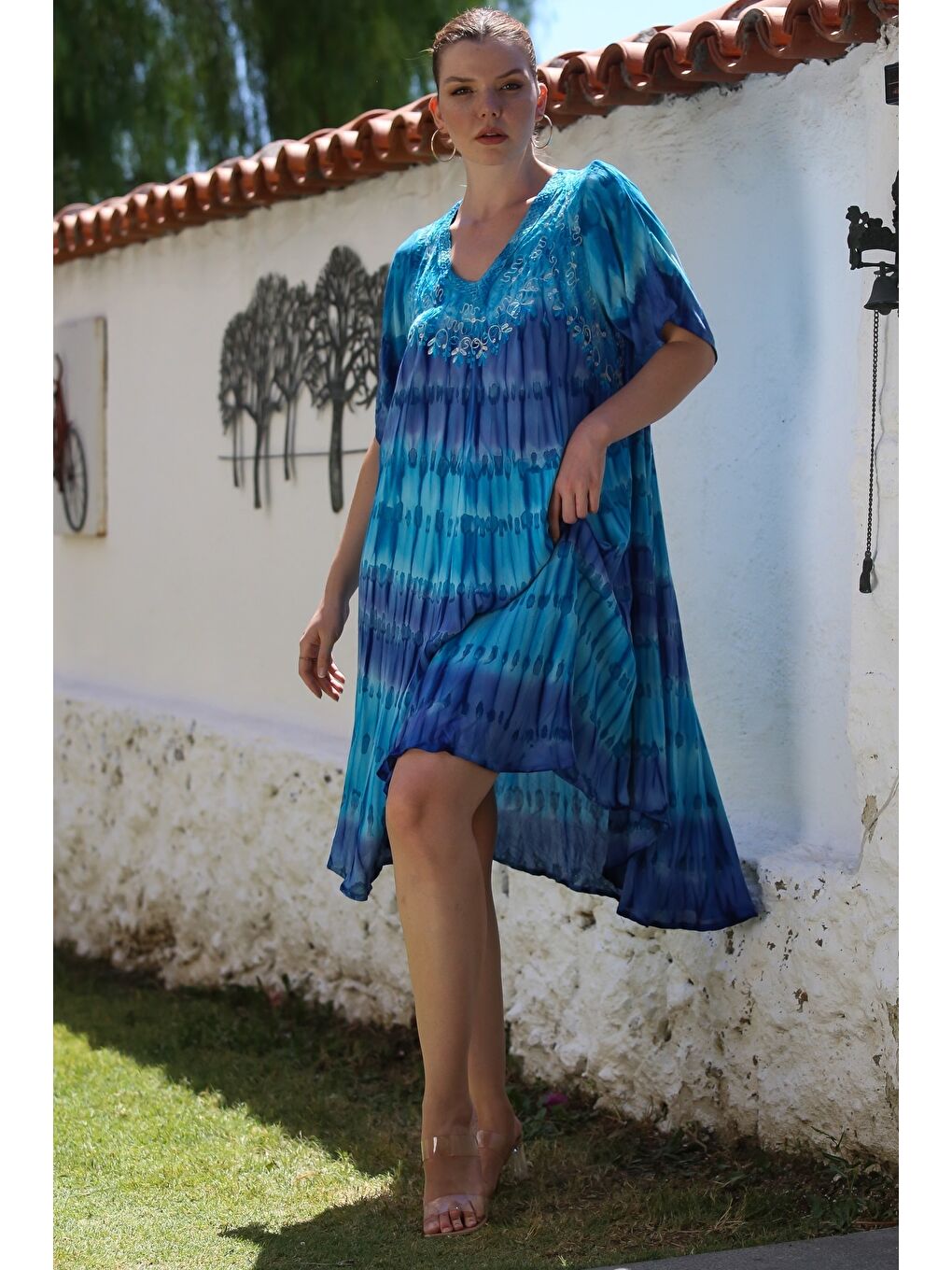 Lacivert-Mavi Havuz Yaka Kısa Kol Batik Nakışlı Casual Dokuma Elbise 105 70-4