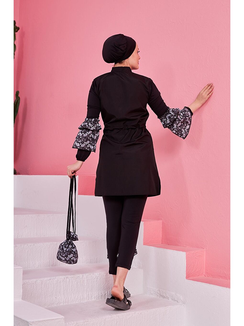 Tam Kapalı Tesettür Mayo Büşra Siyah Beyaz 2230Y-3