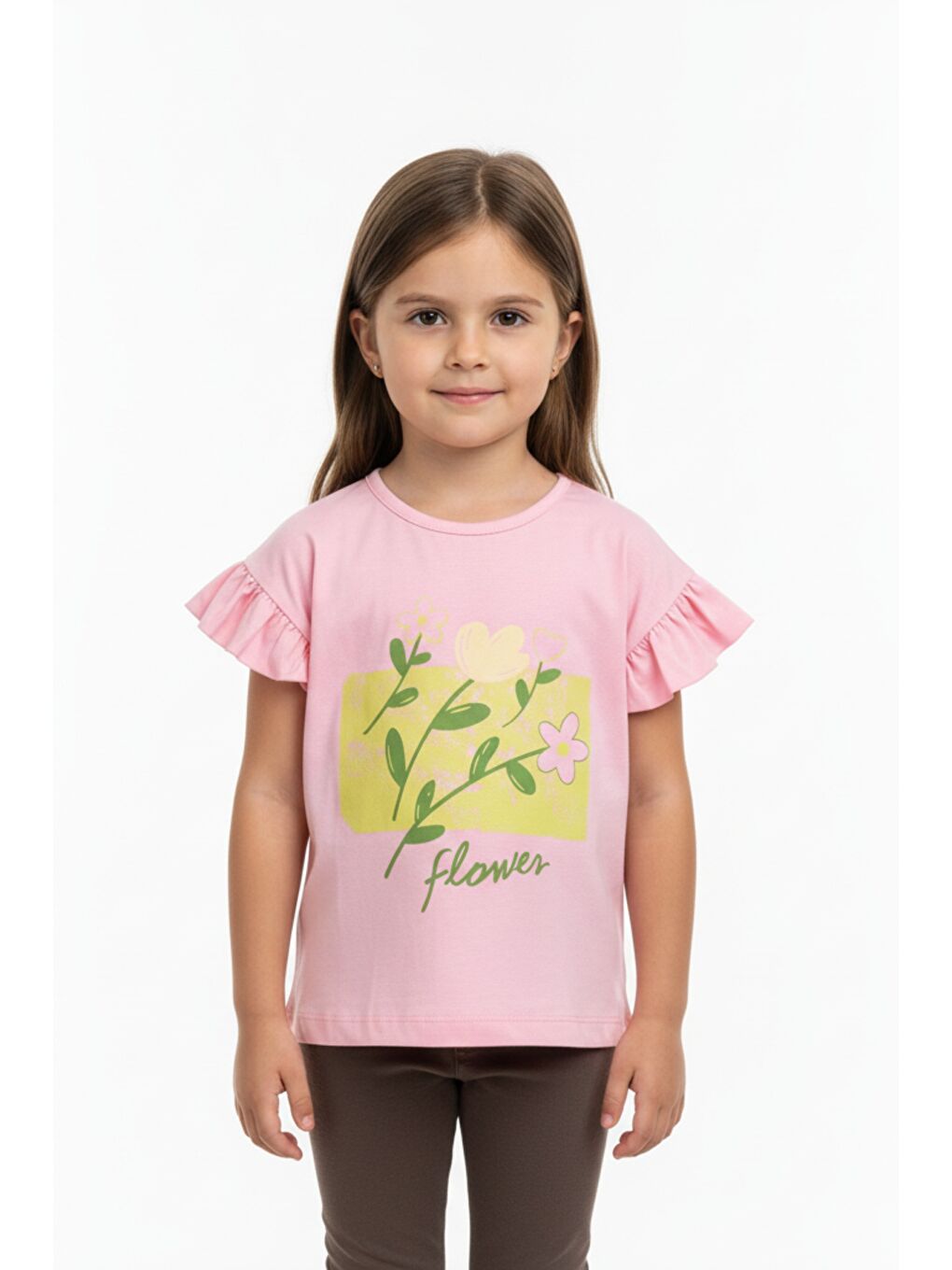 Pembe Kız Çocuk Baskılı  Bisiklet Yaka Kolu Fırfırlı Tişört 25008