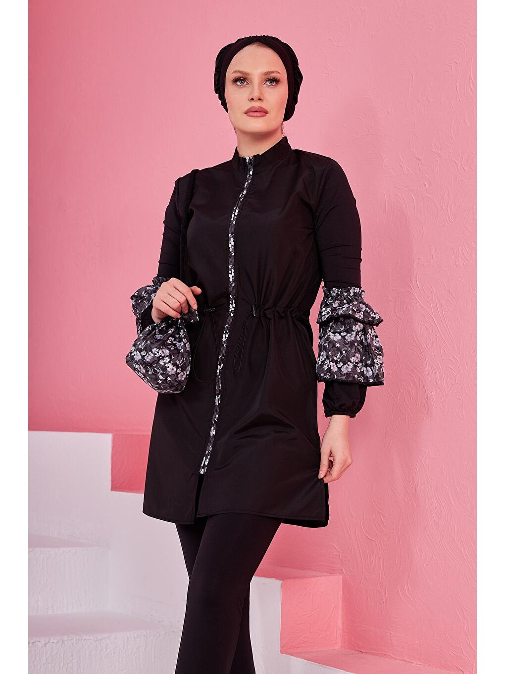 Tam Kapalı Tesettür Mayo Büşra Siyah Beyaz 2230Y-4