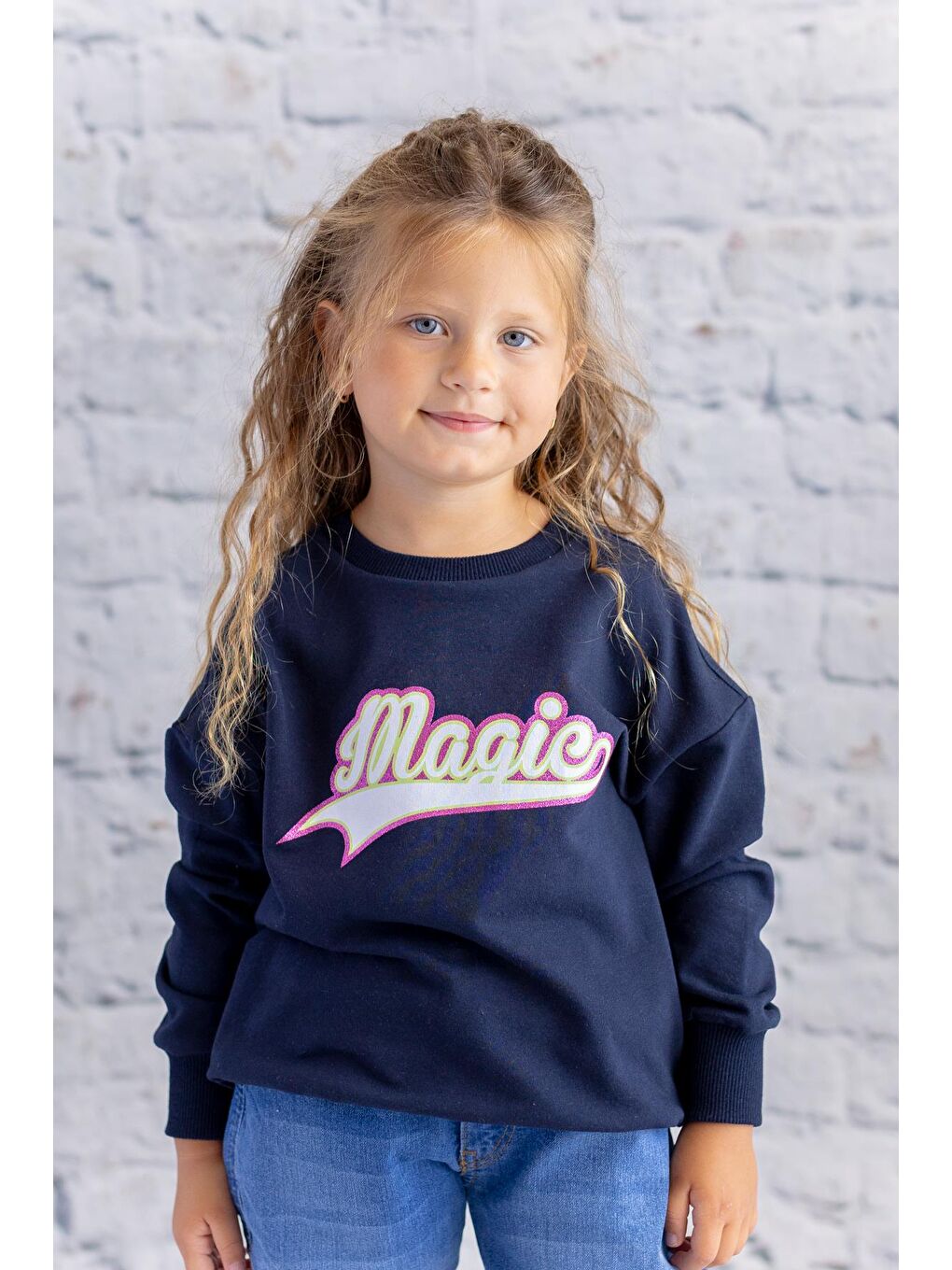 Kız Çocuk Sim Baskılı Basic Sweatshirt - Lacivert-1