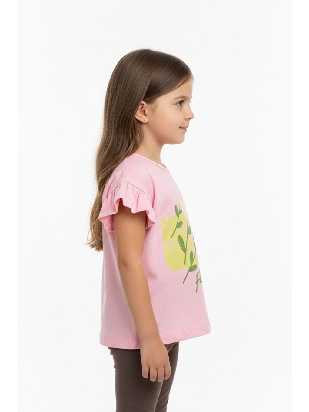 Pembe Kız Çocuk Baskılı  Bisiklet Yaka Kolu Fırfırlı Tişört 25008-1
