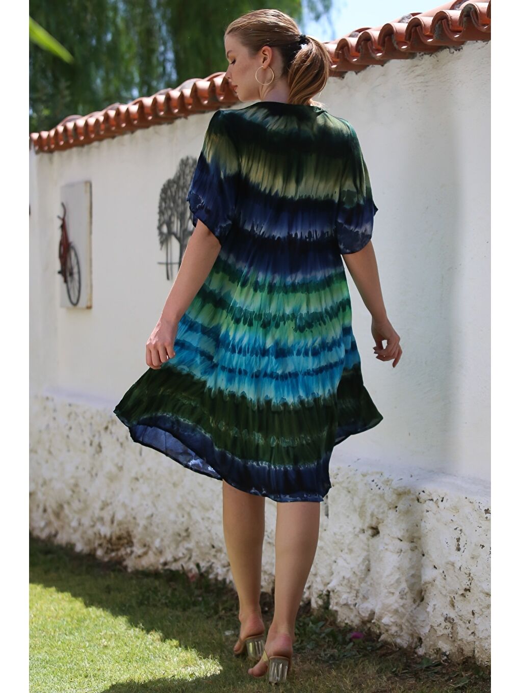 Mavi-Yeşil Havuz Yaka Kısa Kol Batik Casual Dokuma Elbise 105 70-1