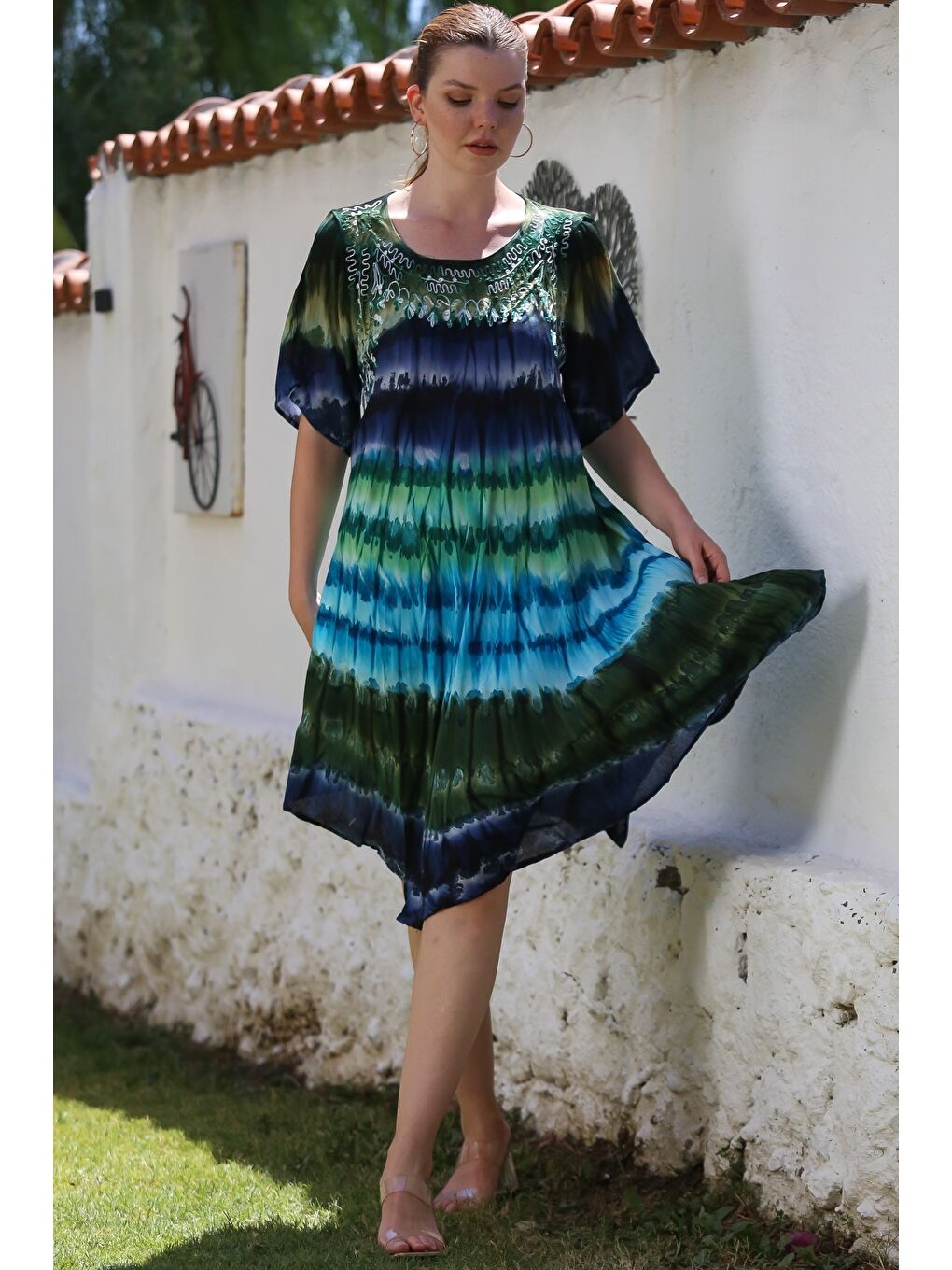 Mavi-Yeşil Havuz Yaka Kısa Kol Batik Casual Dokuma Elbise 105 70-2