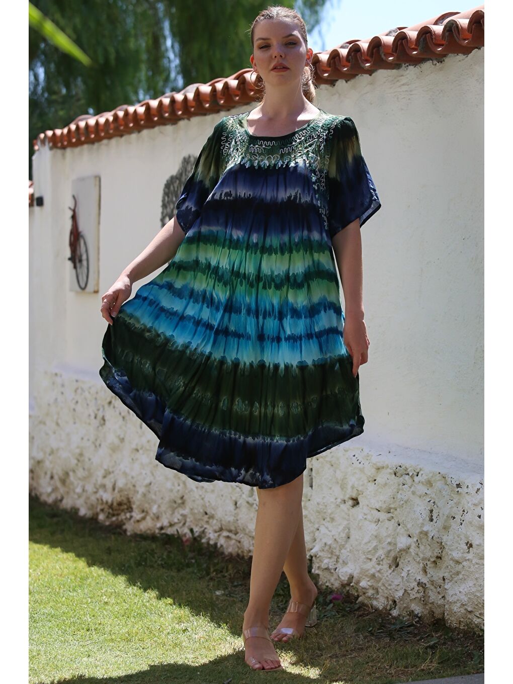 Mavi-Yeşil Havuz Yaka Kısa Kol Batik Casual Dokuma Elbise 105 70-3