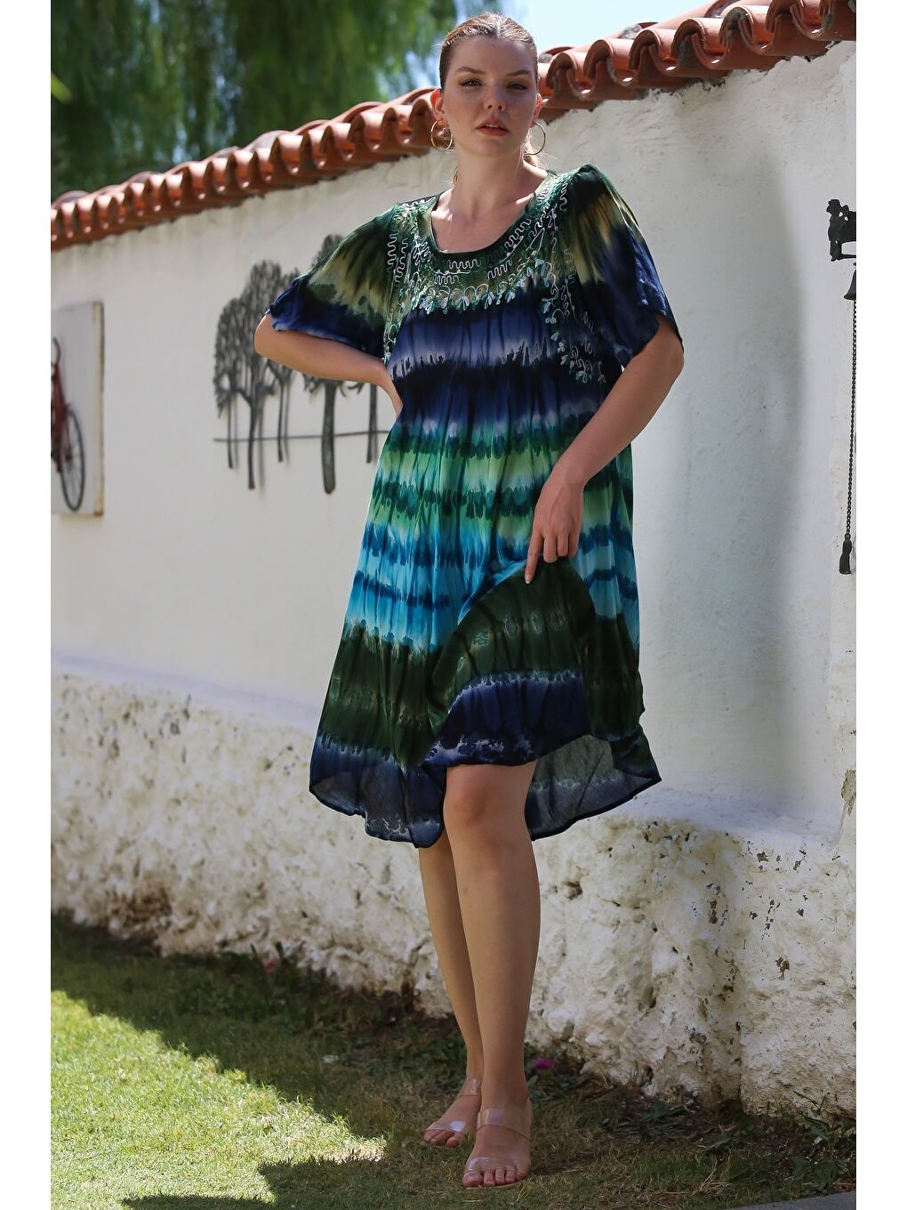 Mavi-Yeşil Havuz Yaka Kısa Kol Batik Casual Dokuma Elbise 105 70-4