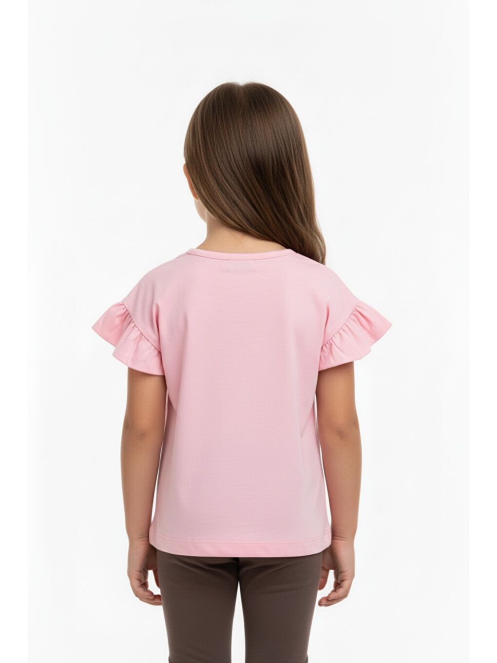 Pembe Kız Çocuk Baskılı  Bisiklet Yaka Kolu Fırfırlı Tişört 25008-3